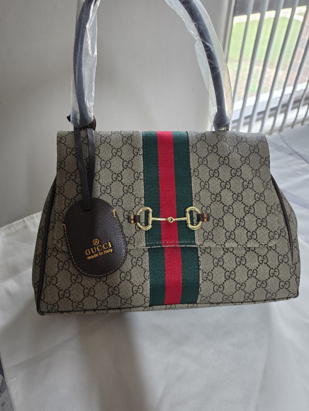 Beige Monogram Satchel with Green and Red Web Stripe - Picture 2 of 4